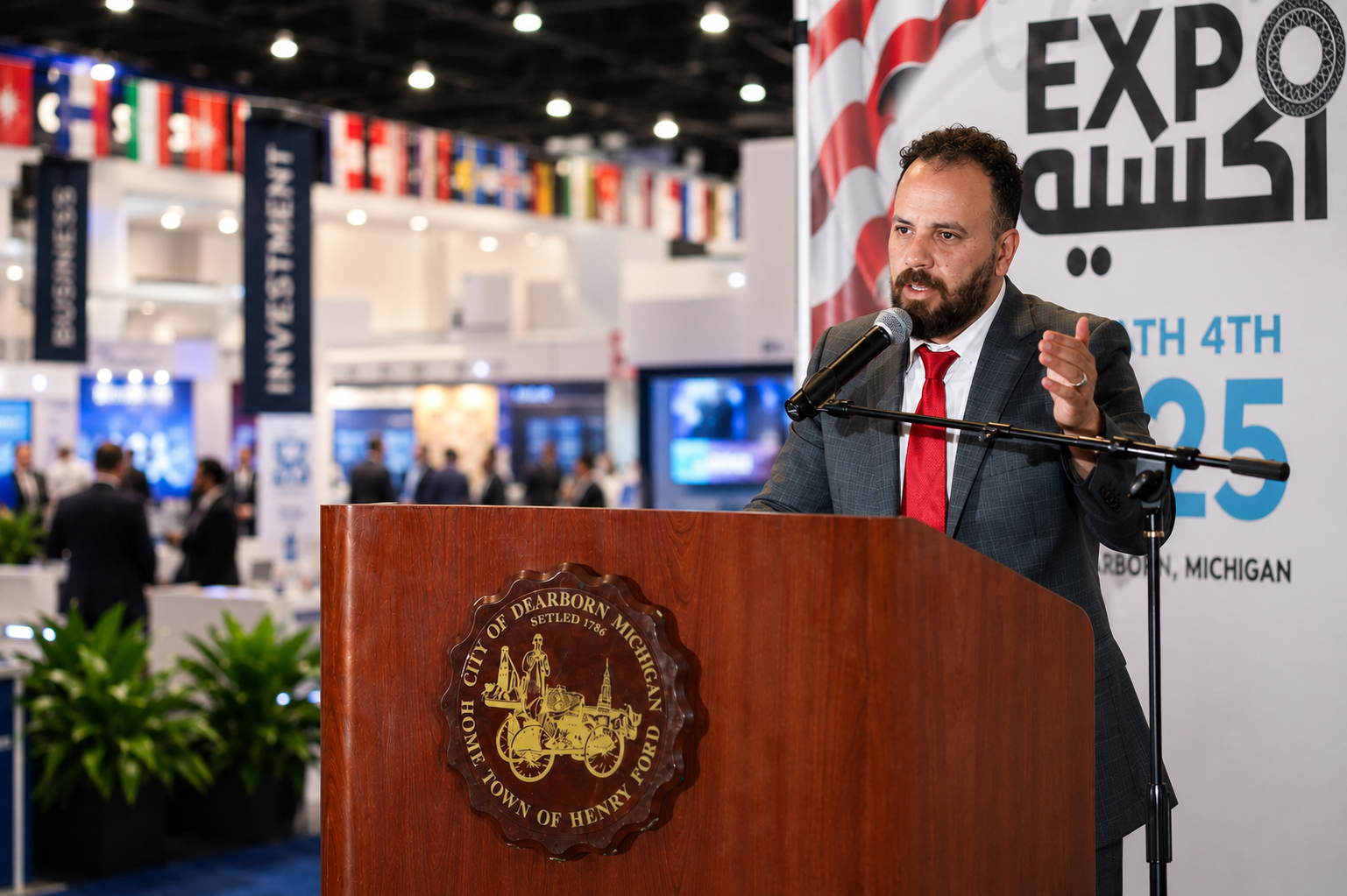 Speaker addressing attendees at the Dearborn expo